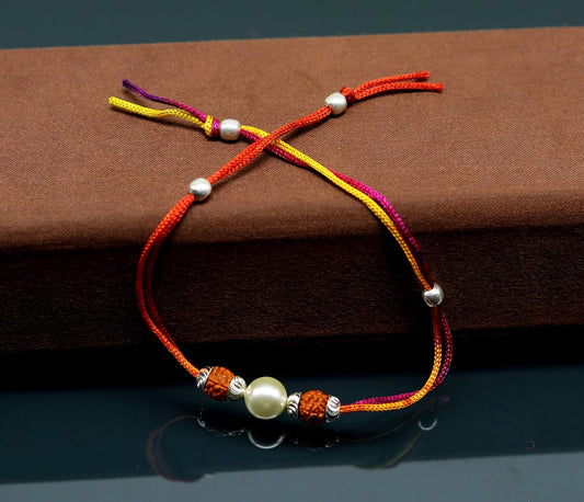925 sterling silver custom design Rudraksha pearl Rakhi bracelet with gorgeous threads Best sibling rakhi for Festival Rakshabandhan rk138 - TRIBAL ORNAMENTS