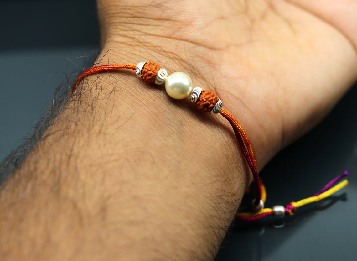 925 sterling silver custom design Rudraksha pearl Rakhi bracelet with gorgeous threads Best sibling rakhi for Festival Rakshabandhan rk138 - TRIBAL ORNAMENTS