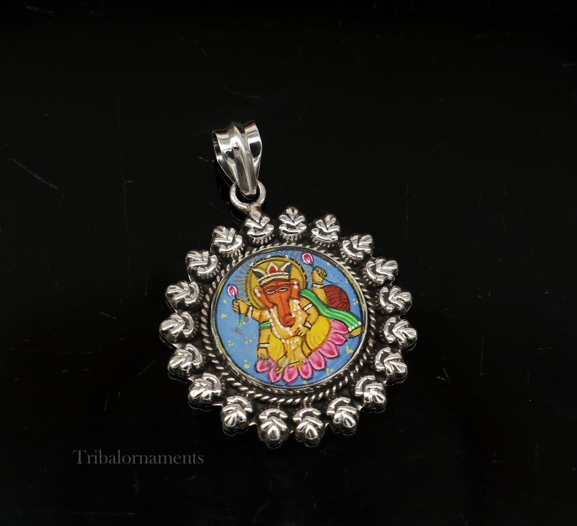 Hindu deity 92.5 Sterling Silver Hand Painted Miniature Art Painting photo God Ganesha Glass Framed Pendant ethnic stylish jewelry ssp817 - TRIBAL ORNAMENTS