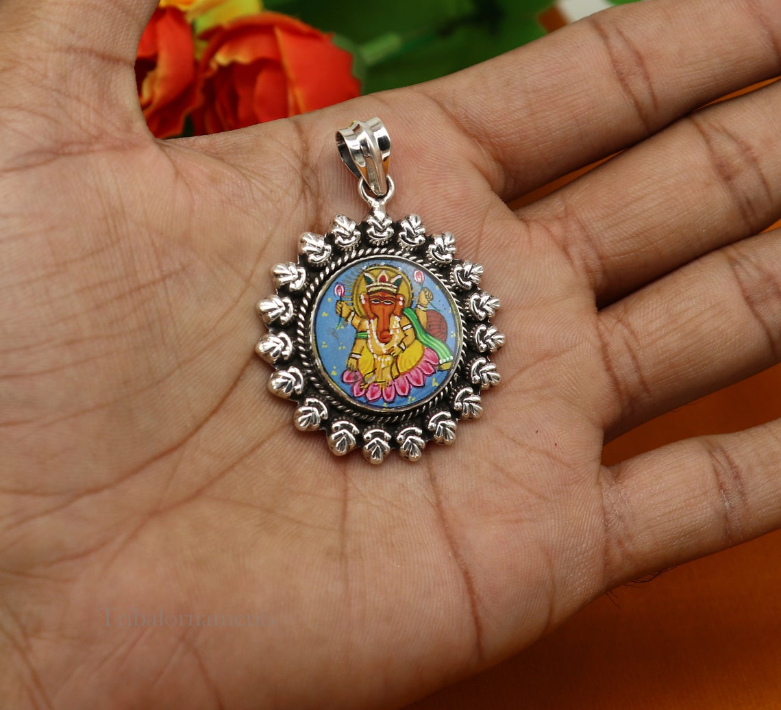 Hindu deity 92.5 Sterling Silver Hand Painted Miniature Art Painting photo God Ganesha Glass Framed Pendant ethnic stylish jewelry ssp817 - TRIBAL ORNAMENTS