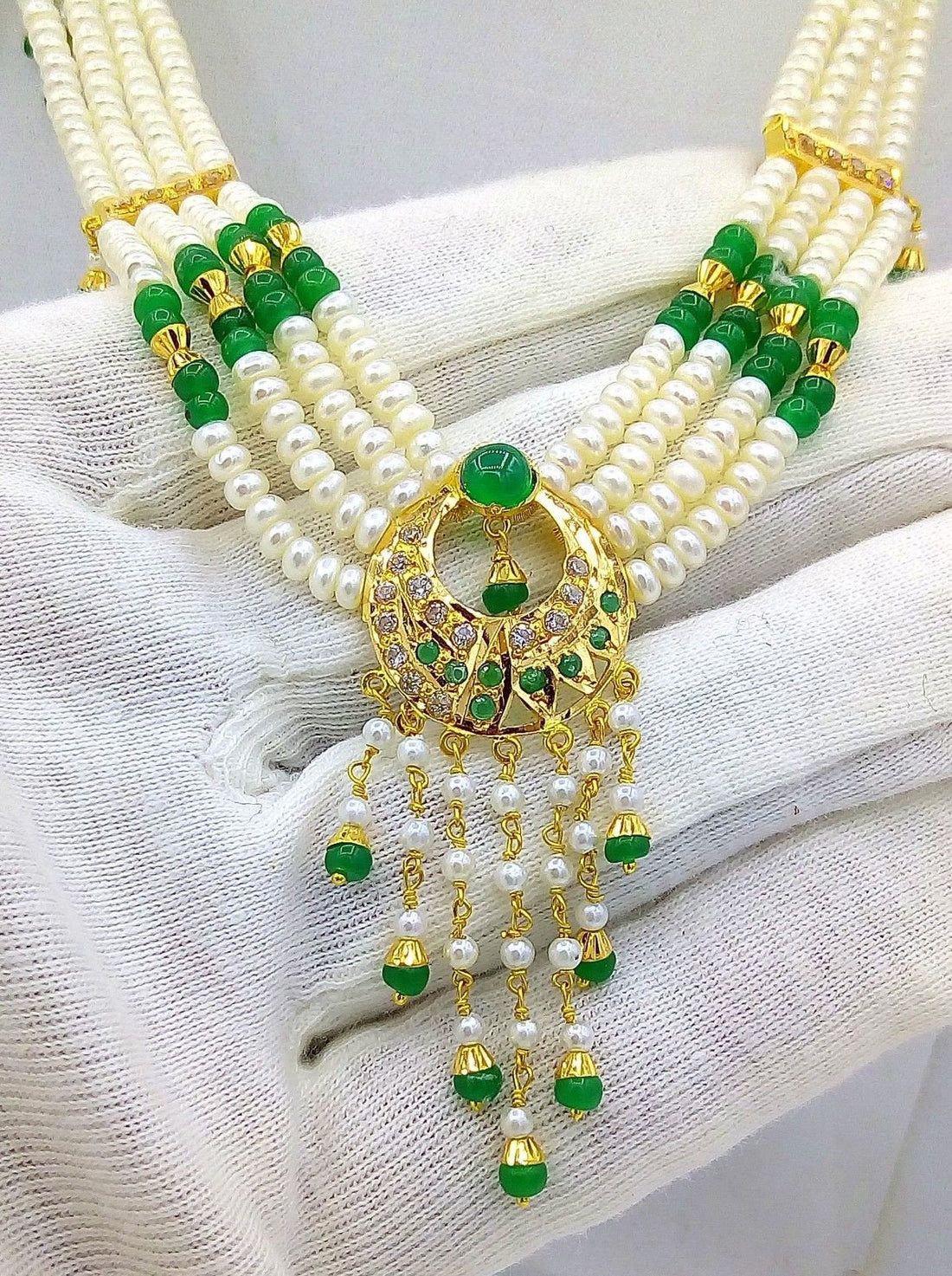 Muslim Pearl bead necklace 22k 22ct gold emerald color loose set with earrings green - TRIBAL ORNAMENTS