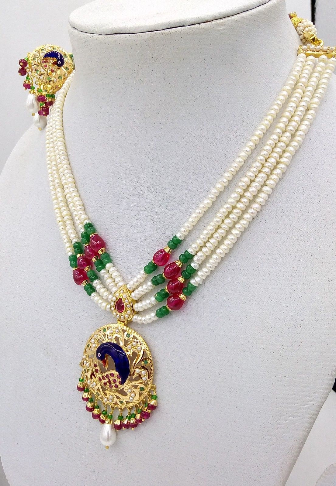 22k Peacock pearl necklace and Earrings beautiful enamel ruby emerald stones 916 hallmark - TRIBAL ORNAMENTS