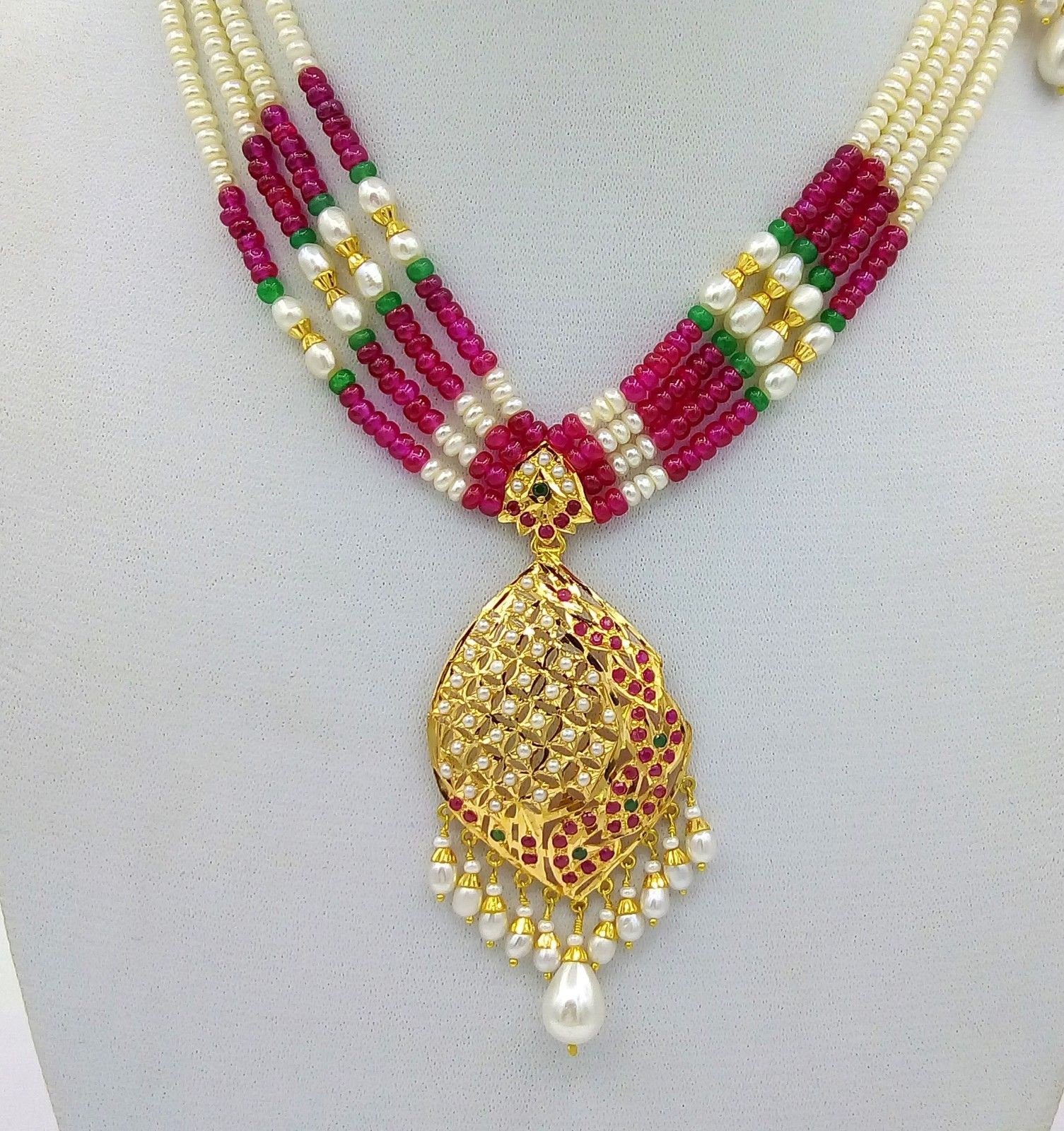 22k Necklace with 22k Earring set india beautiful gold pearl ruby by usa22k mothers day gift - TRIBAL ORNAMENTS