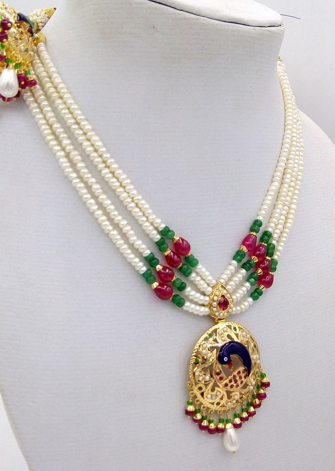22k Peacock pearl necklace and Earrings beautiful enamel ruby emerald stones 916 hallmark - TRIBAL ORNAMENTS