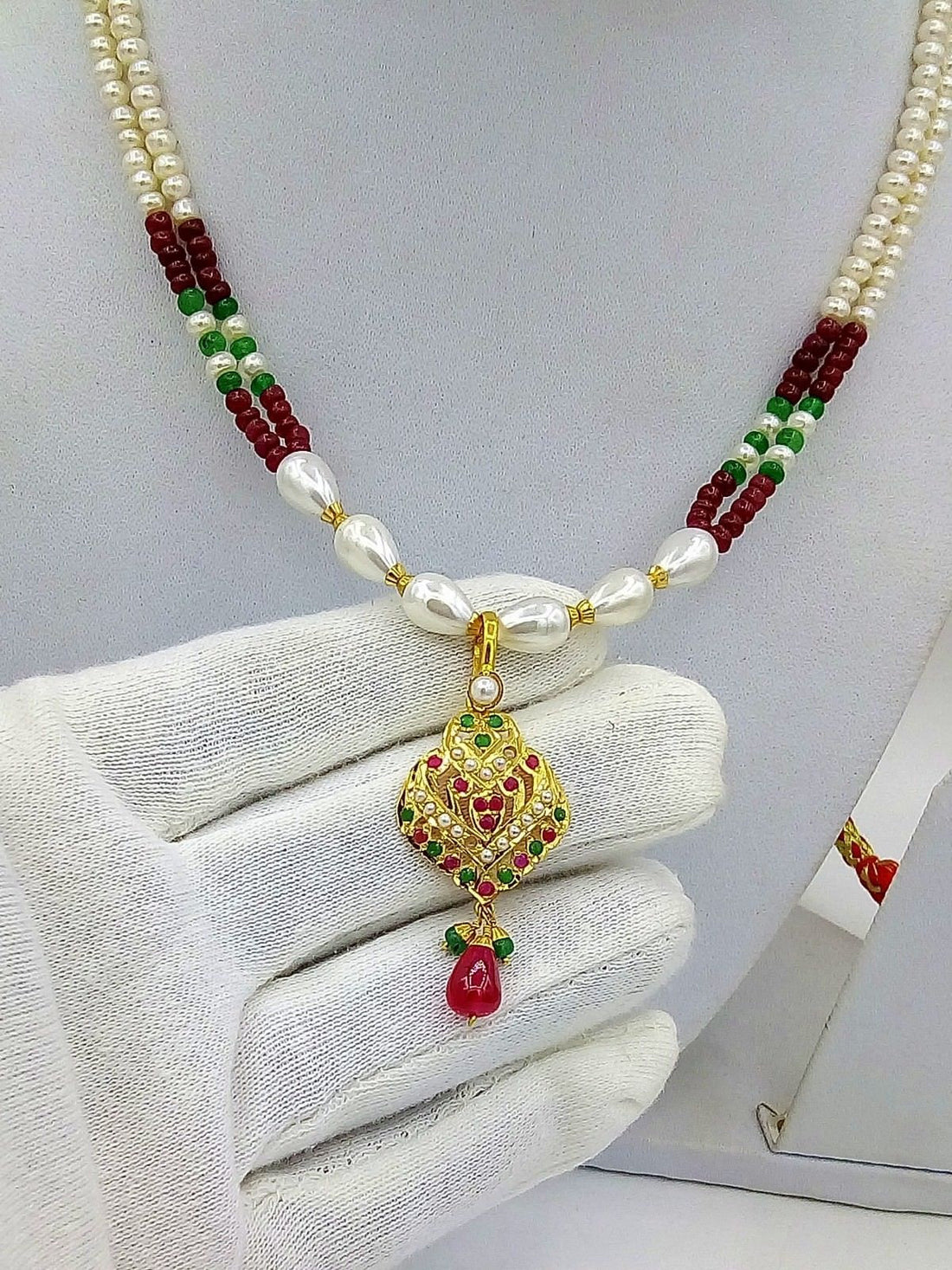 Bridal yellow gold 22k necklace india punjabi design pearl ruby emerald indian bollywood with Earrings - TRIBAL ORNAMENTS