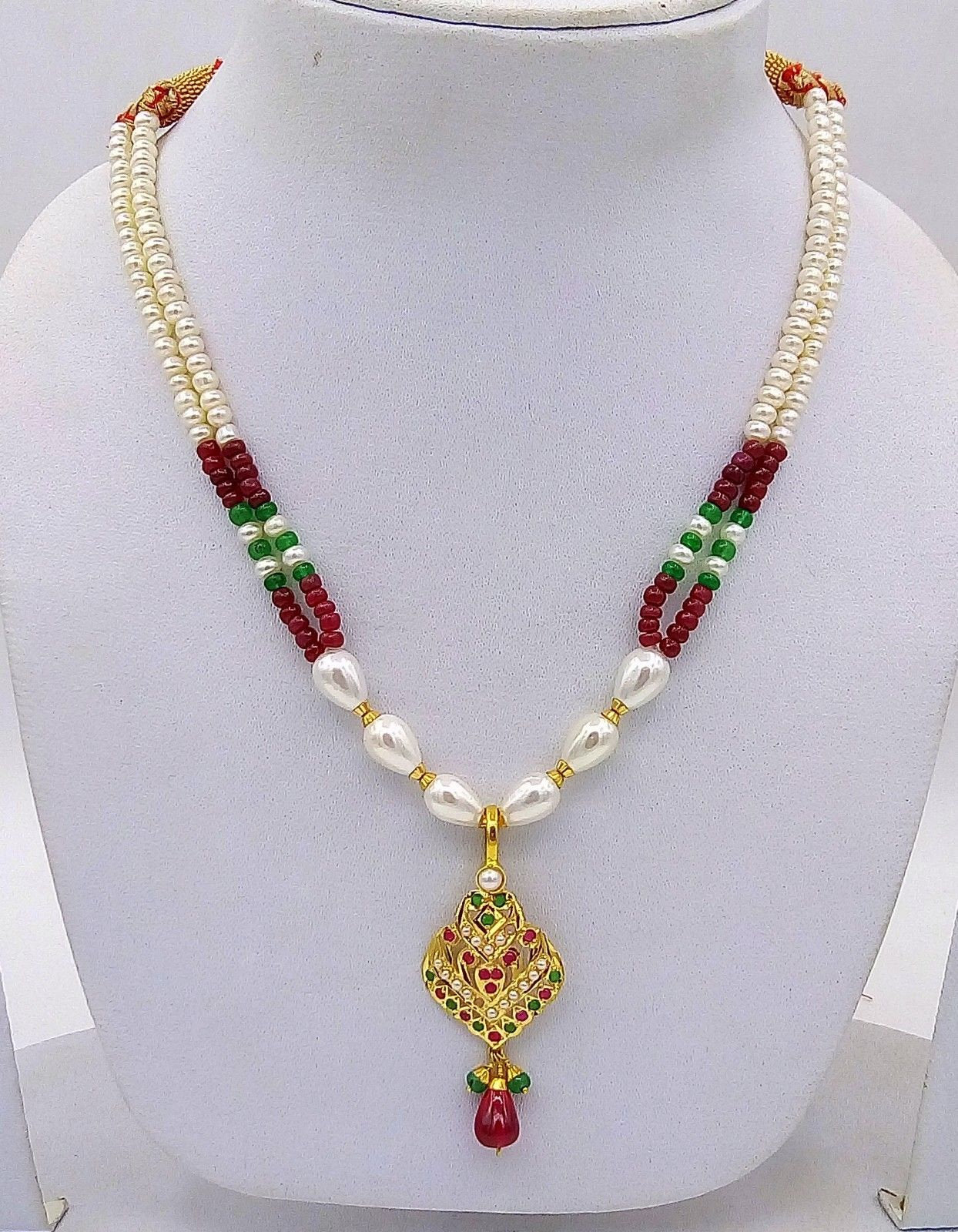 Bridal yellow gold 22k necklace india punjabi design pearl ruby emerald indian bollywood with Earrings - TRIBAL ORNAMENTS