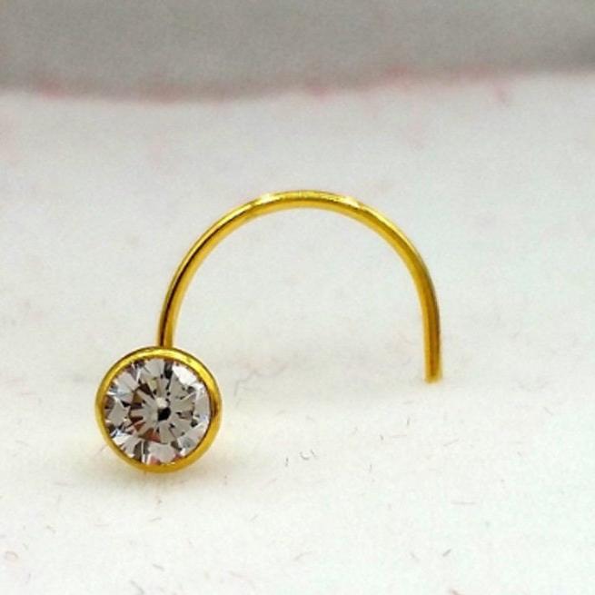 3 mm Fabulous single cubic zircon stone nose pin stud solid real 14k yellow gold L bend gorgeous stud - TRIBAL ORNAMENTS