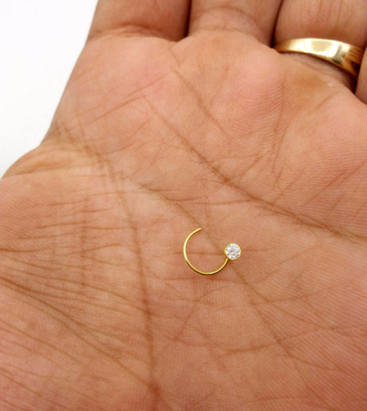 3 mm Fabulous single cubic zircon stone nose pin stud solid real 14k yellow gold L bend gorgeous stud - TRIBAL ORNAMENTS