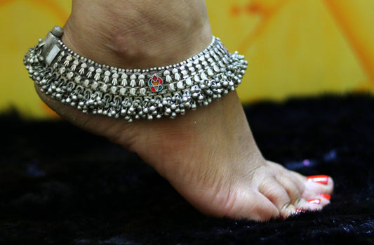 Indian traditional solid silver vintage antique old handmade anklet chain ankle bracelet gorgeous crafted ethnic tribal women jewelry ank04 - TRIBAL ORNAMENTS