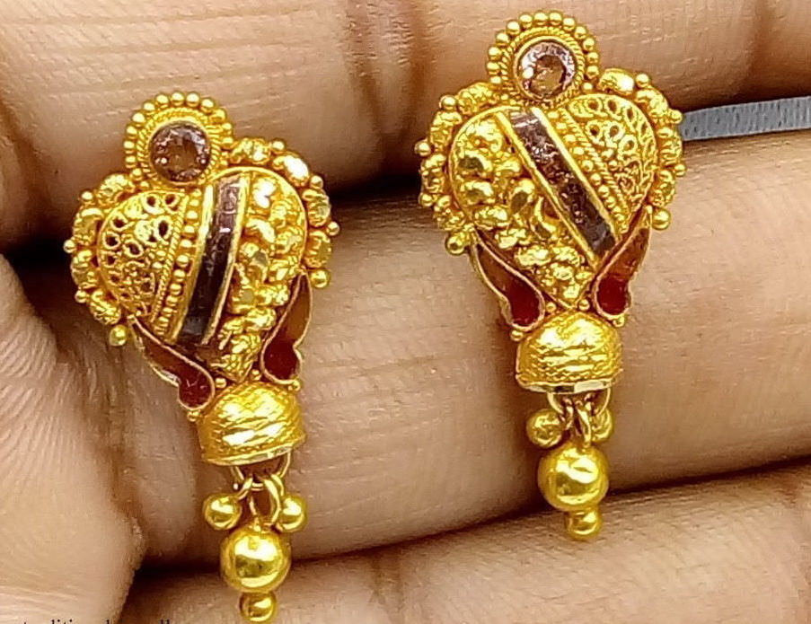20k Gold antique tribal handmade enamel earring jewelry beautiful pair earring india rajasthan - TRIBAL ORNAMENTS