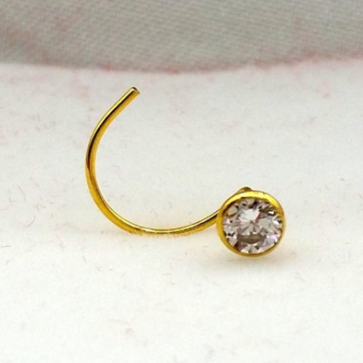 3 mm Fabulous single cubic zircon stone nose pin stud solid real 14k yellow gold L bend gorgeous stud - TRIBAL ORNAMENTS