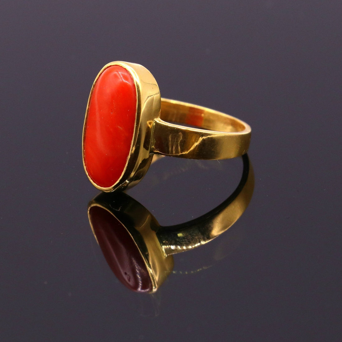 22karat yellow gold handmade real red coral stone unisex ring fabulous band from rajasthan india - TRIBAL ORNAMENTS