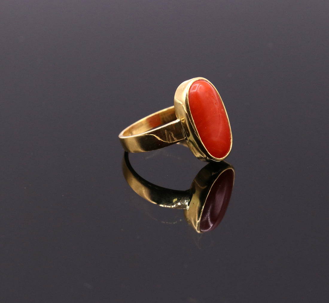 22karat yellow gold handmade real red coral stone unisex ring fabulous band from rajasthan india - TRIBAL ORNAMENTS