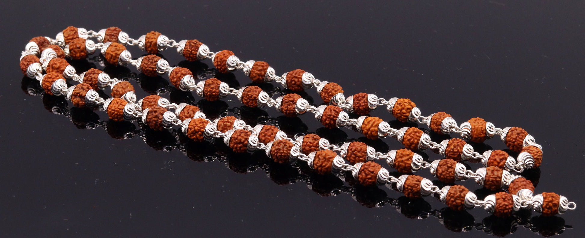 Handmade silver caps natural rudraksha bead chain necklace fabulous unisex silver jewelry awesome design - TRIBAL ORNAMENTS