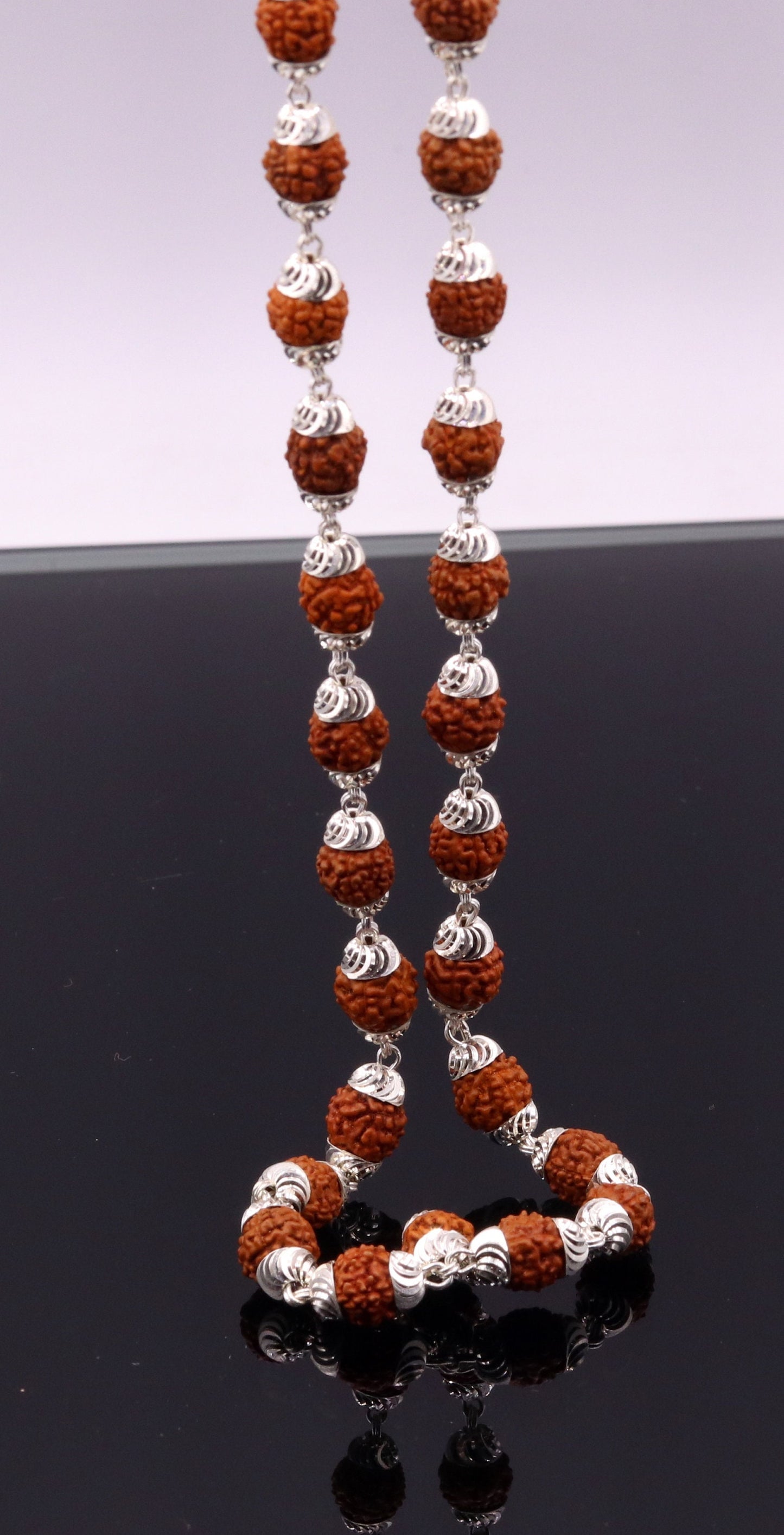 Handmade silver caps natural rudraksha bead chain necklace fabulous unisex silver jewelry awesome design ch001 - TRIBAL ORNAMENTS