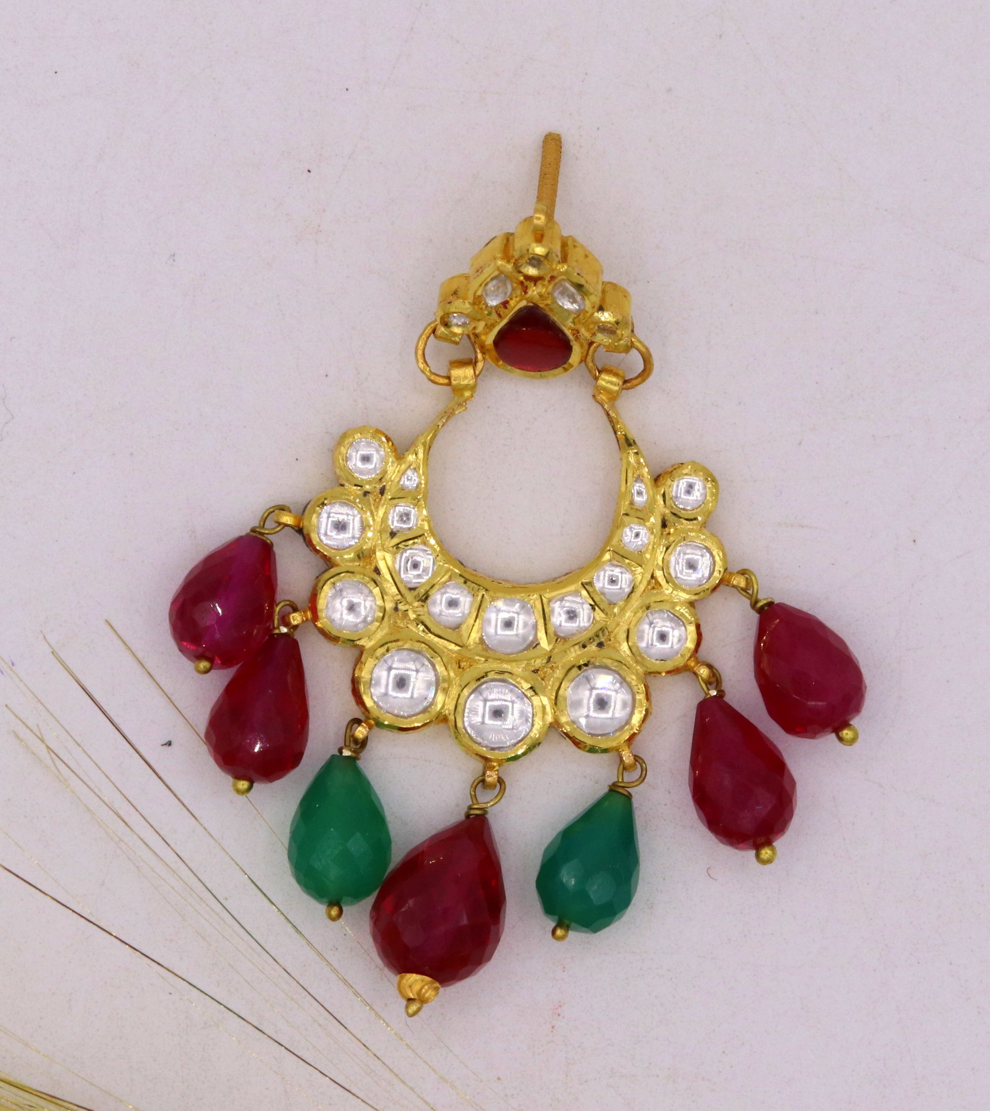 Traditional design 22k yellow gold handmade earring pair fabulous kundan jadau earring dangling with color stone women's jewelry - TRIBAL ORNAMENTS