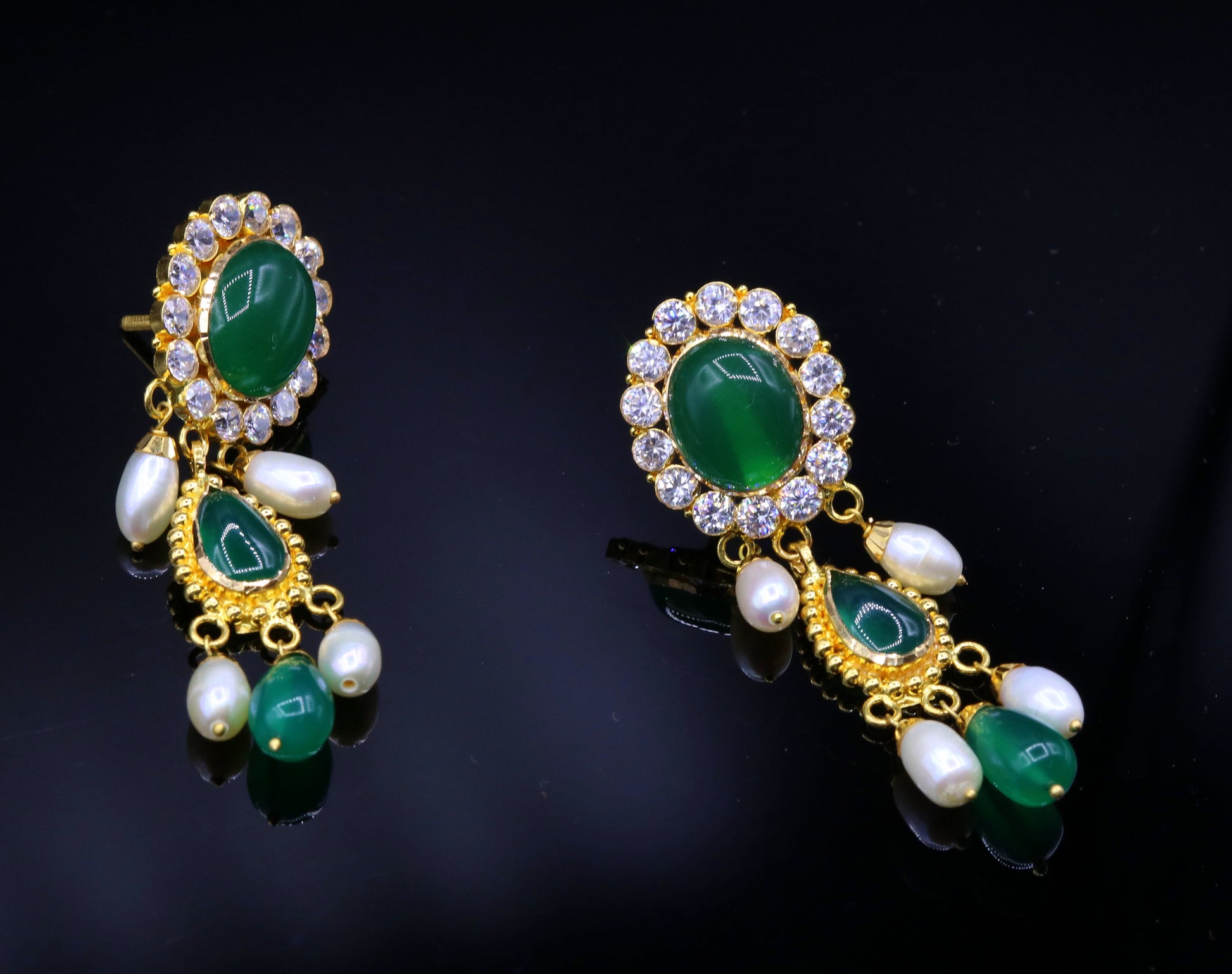 Indian traditional style fabulous green color stone handmade earring dangling 22karat yellow gold tribal jewelry from rajasthan - TRIBAL ORNAMENTS