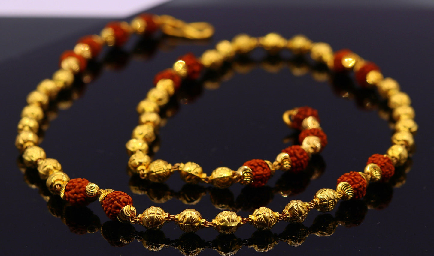 Vintage 22k yellow gold handmade engraved gold beads with natural rudraksha chain gorgeous unisex chain necklace jewelry - TRIBAL ORNAMENTS