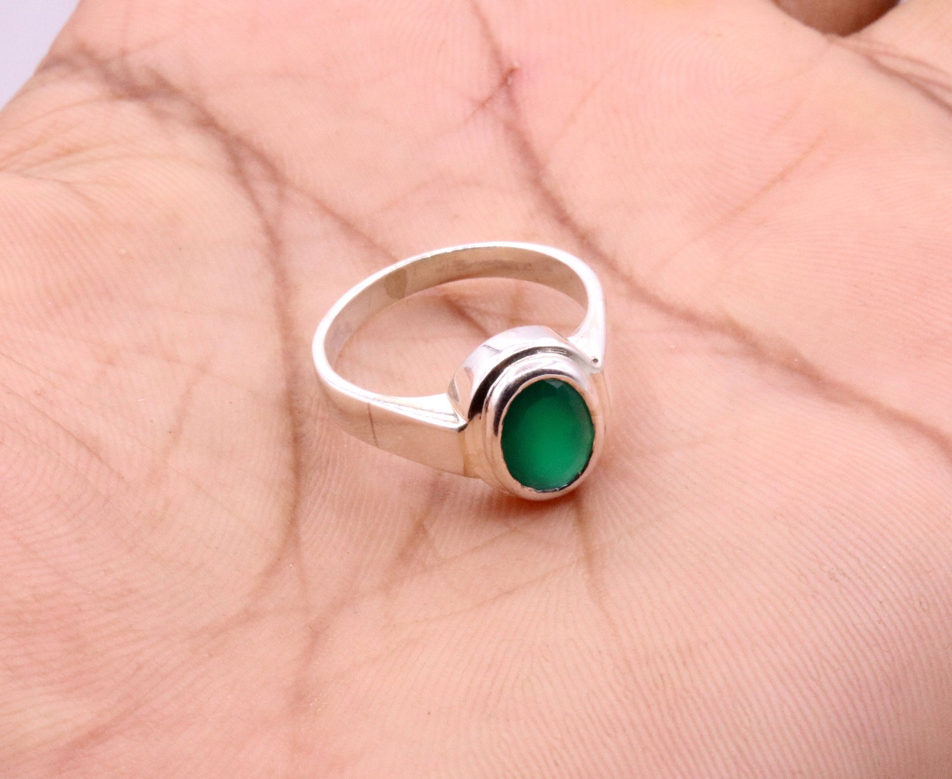 Fabulous green stone Solid silver handmade ring band with gorgeous unisex ring from india sr-59 - TRIBAL ORNAMENTS