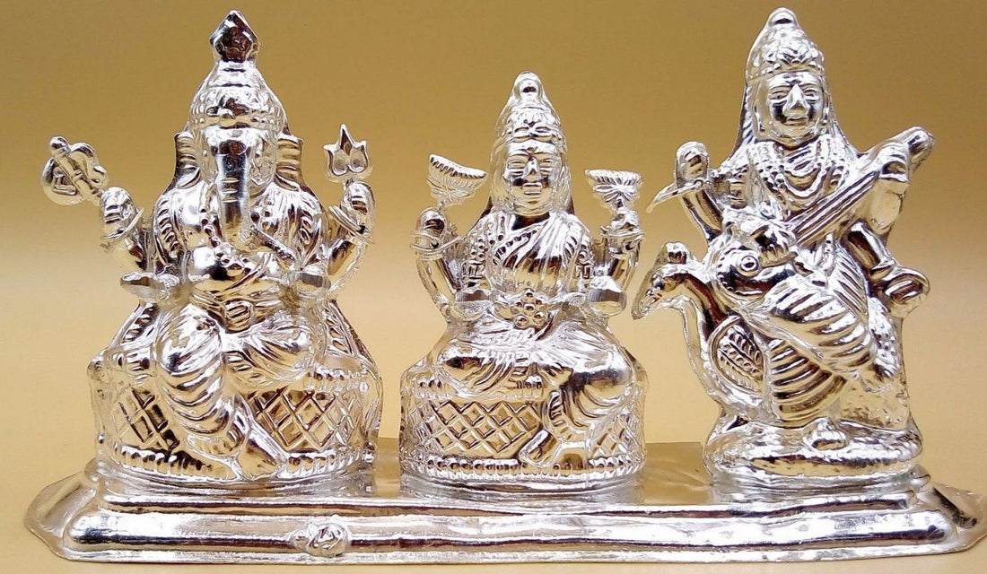 Indian idol Ganesha, goddess Laxmi and Sarswati combined statue vintage handmade silver figurine home temple prayers art - TRIBAL ORNAMENTS