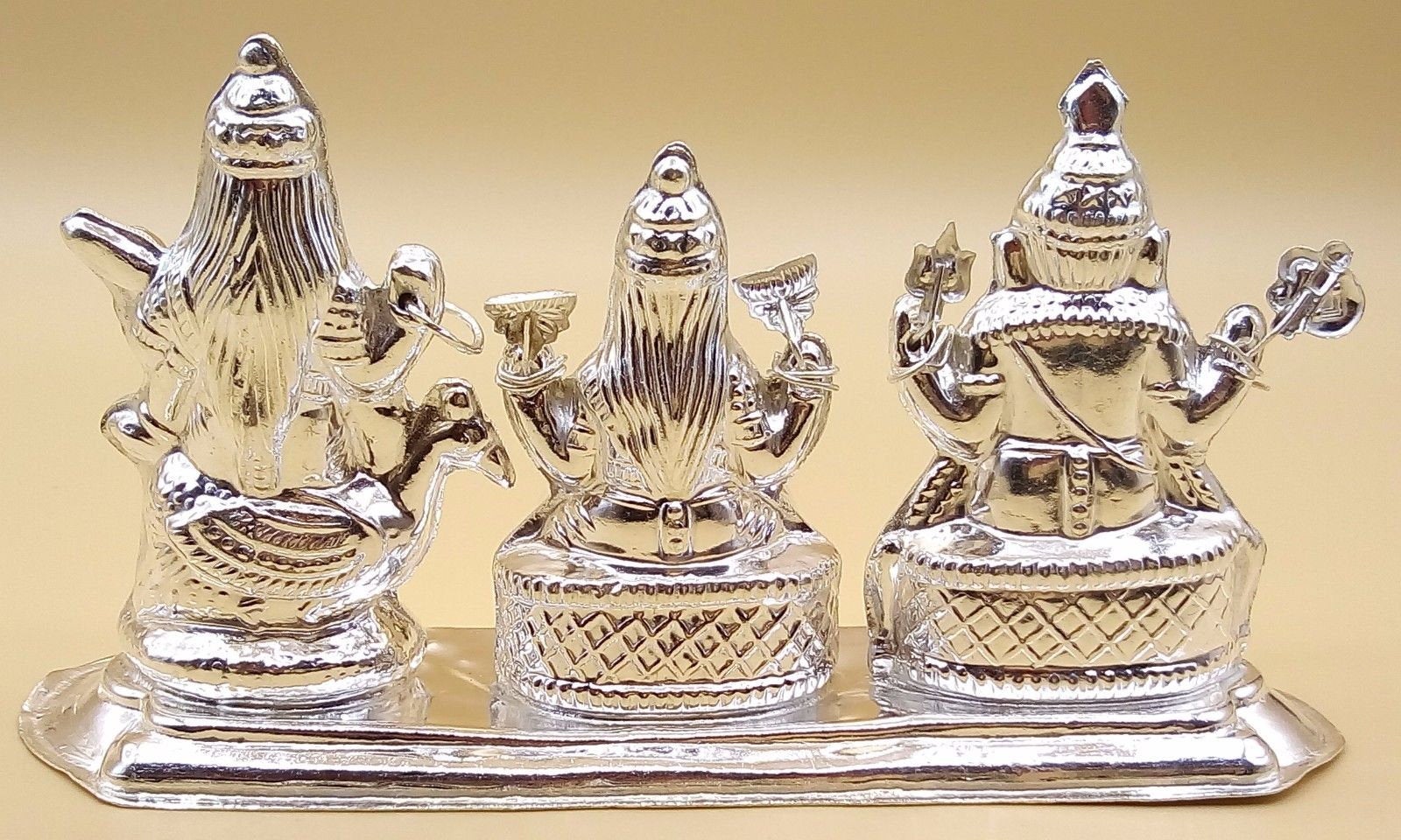 Indian idol Ganesha, goddess Laxmi and Sarswati combined statue vintage handmade silver figurine home temple prayers art - TRIBAL ORNAMENTS