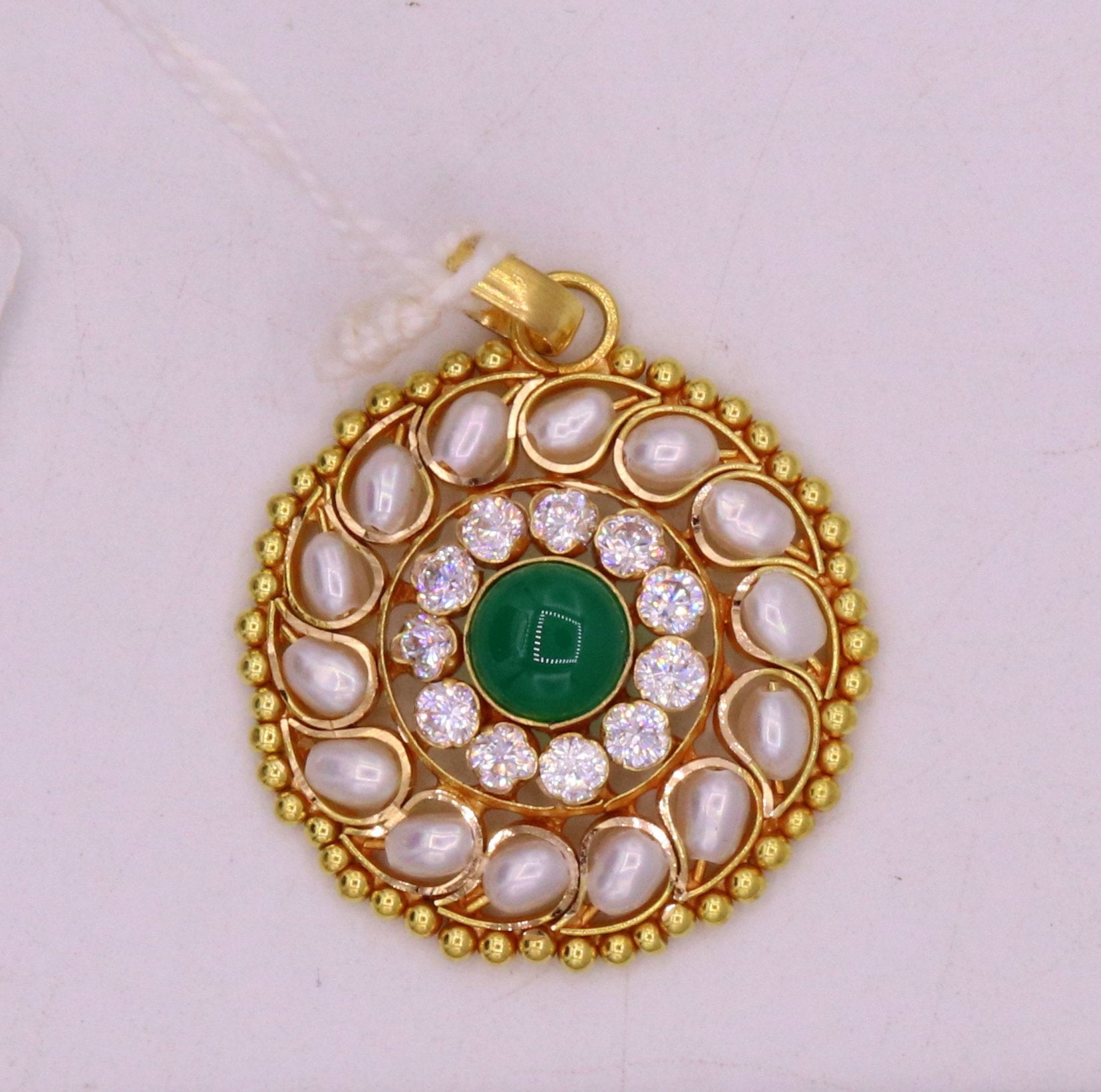 Traditional designer vintage handmade 22k yellow gold real white pearl jadau green color stone fabulous pendant necklace Indian jewelry - TRIBAL ORNAMENTS
