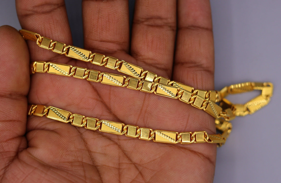 Authentic 22 karat yellow gold 5mm 20 inches handmade solid gold bar  royal nawabi chain necklace form Rajasthan India ch67 - TRIBAL ORNAMENTS