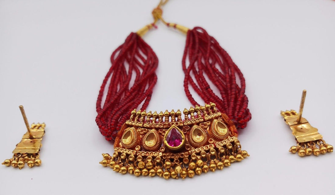 22kt yellow gold handmade excellent vintage antique tussi design necklace set awesome tribal jewelry From rajasthain India set60 - TRIBAL ORNAMENTS