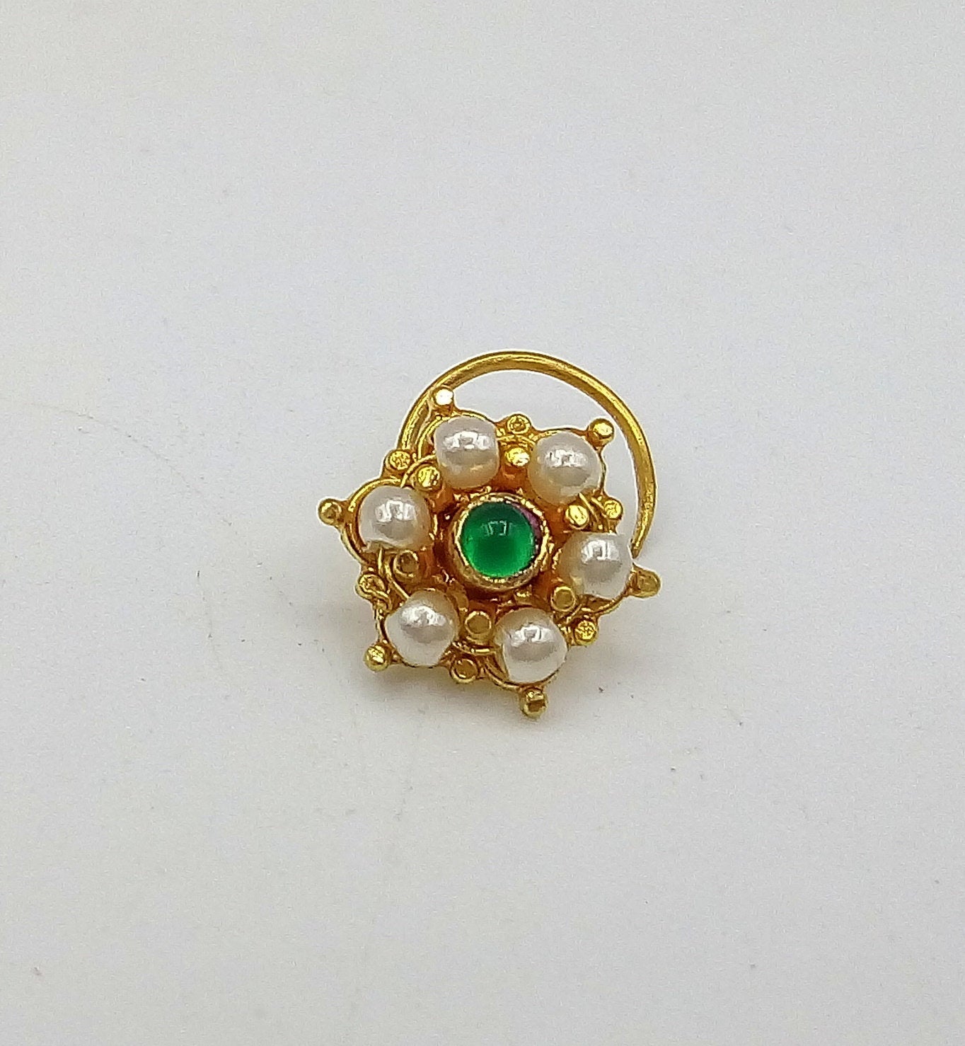 20k yellow gold handmade fabulous green stone pearl nose pin excellent antique vintage design tribal jewelry gnp20 - TRIBAL ORNAMENTS