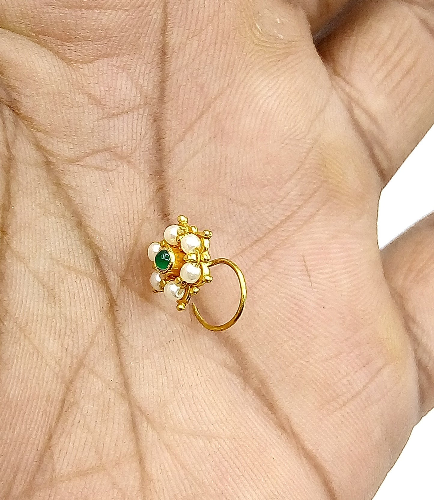 20k yellow gold handmade fabulous green stone pearl nose pin excellent antique vintage design tribal jewelry gnp20 - TRIBAL ORNAMENTS