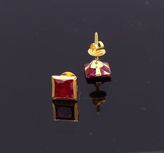 6 mm 18k yellow gold handmade fabulous ruby color stone excellent designer stud earrings pair unisex jewelry - TRIBAL ORNAMENTS