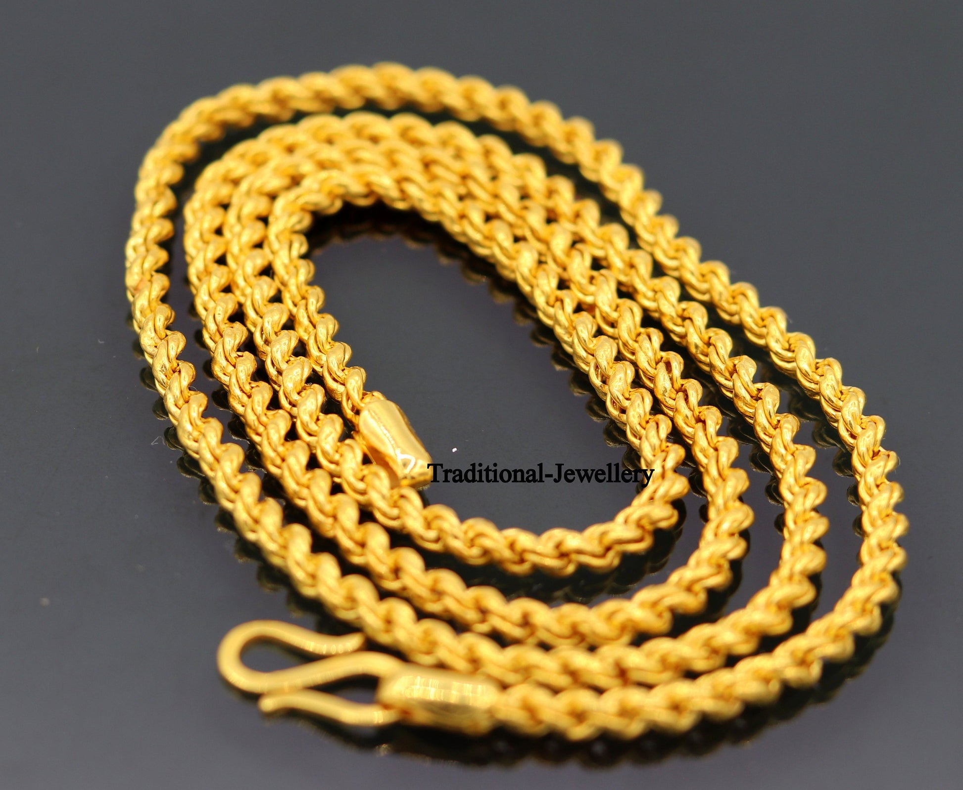 22karat yellow gold handmade fabulous rope chain necklace long excellent 3mm wide gold unisex chain ch164 - TRIBAL ORNAMENTS
