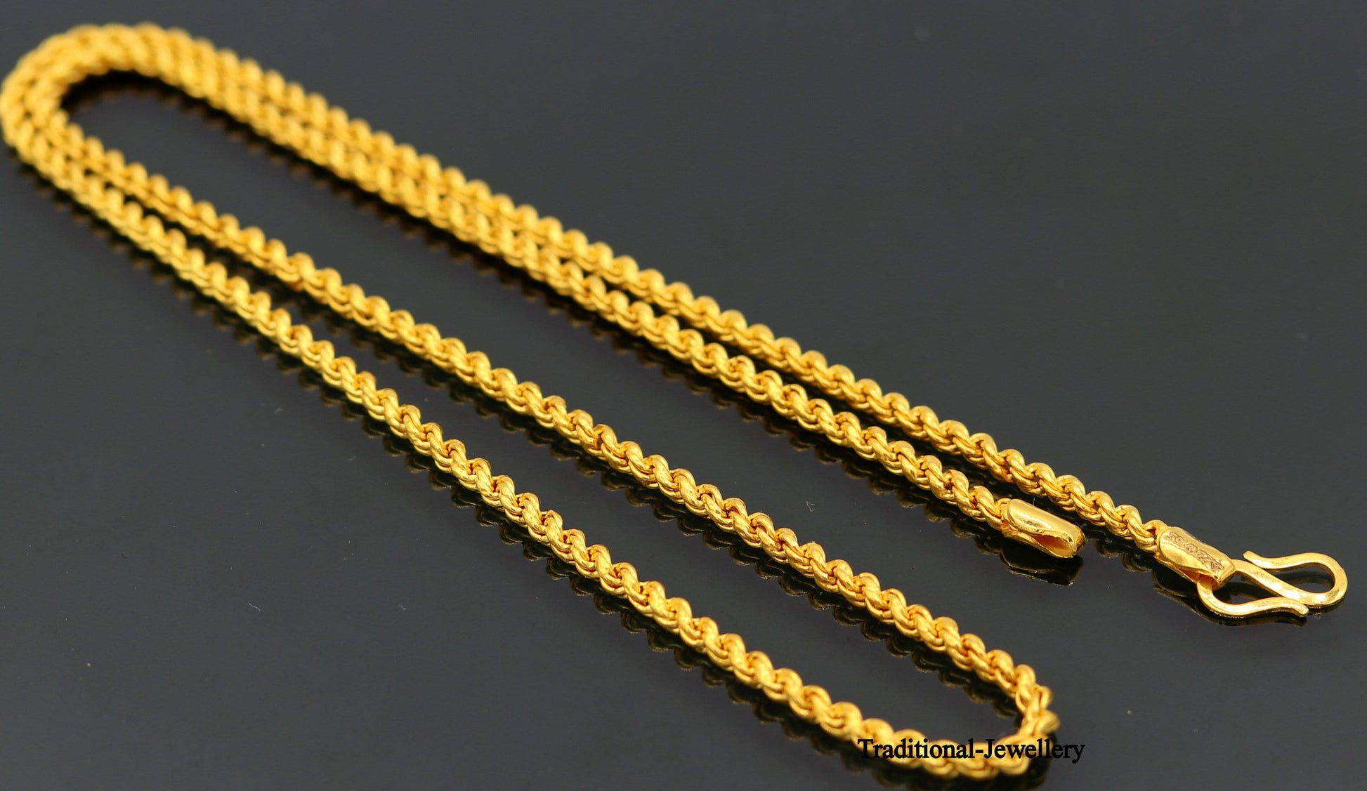 22karat yellow gold handmade fabulous rope chain necklace long excellent 3mm wide gold unisex chain ch164 - TRIBAL ORNAMENTS