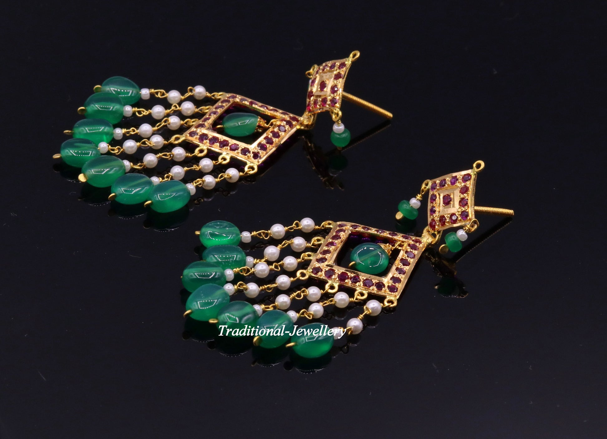Authentic 22kt yellow gold handmade jadau earring dangling fabulous wedding anniversary gifting jewelry from rajasthan India - TRIBAL ORNAMENTS