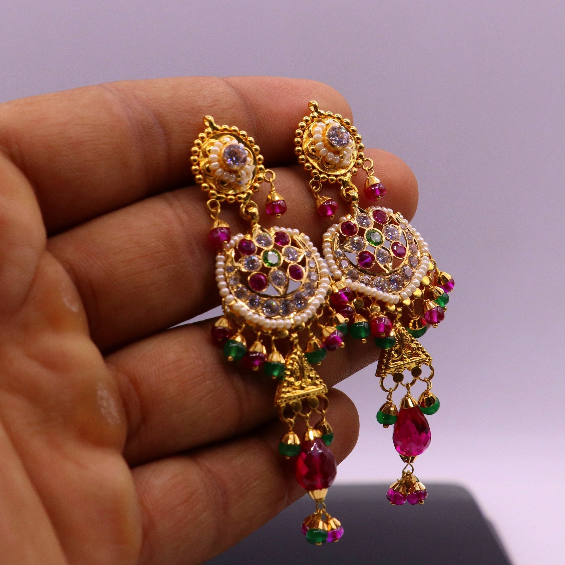 Indian authentic handmade 22karat yellow gold fabulous punjabi muslim style stud earrings dangling with fabulous color stone women's jewelry - TRIBAL ORNAMENTS