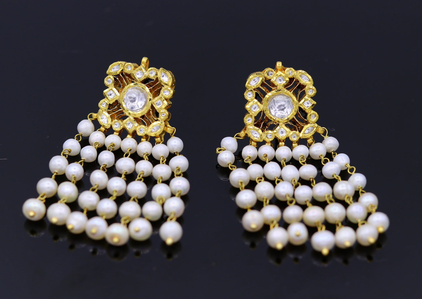 22k yellow gold handmade fabulous kundan jadau stud with dangling pearl excellent bridal jewelry er81 - TRIBAL ORNAMENTS