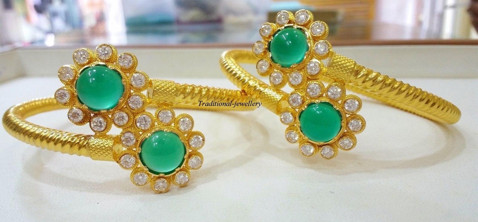 22k yellow gold handmade women's bangle bracelet kangan set with fabulous stone work traditional jewelry from Rajasthan India - TRIBAL ORNAMENTS