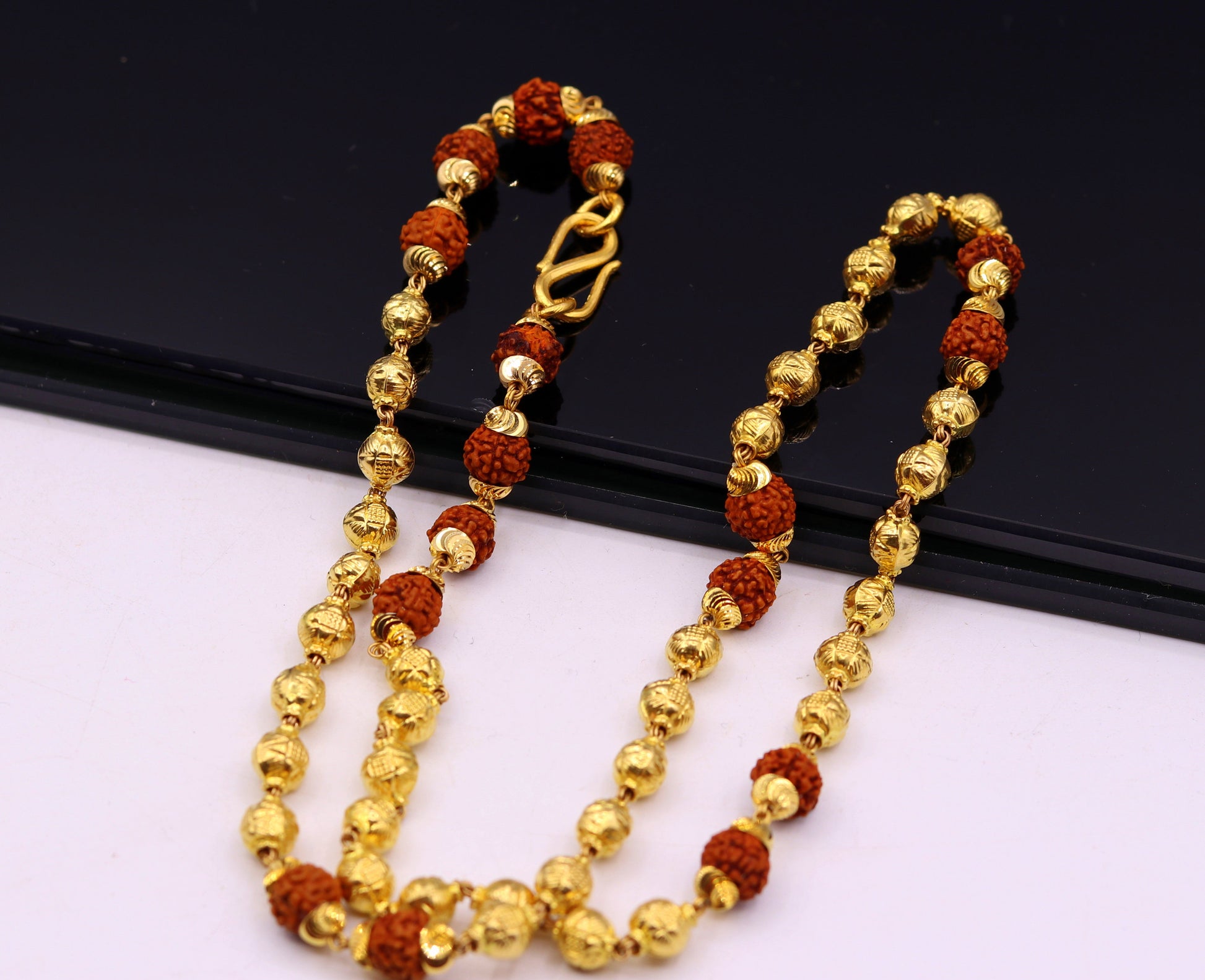 Vintage 22k yellow gold handmade engraved gold beads with natural rudraksha chain gorgeous unisex chain necklace jewelry - TRIBAL ORNAMENTS