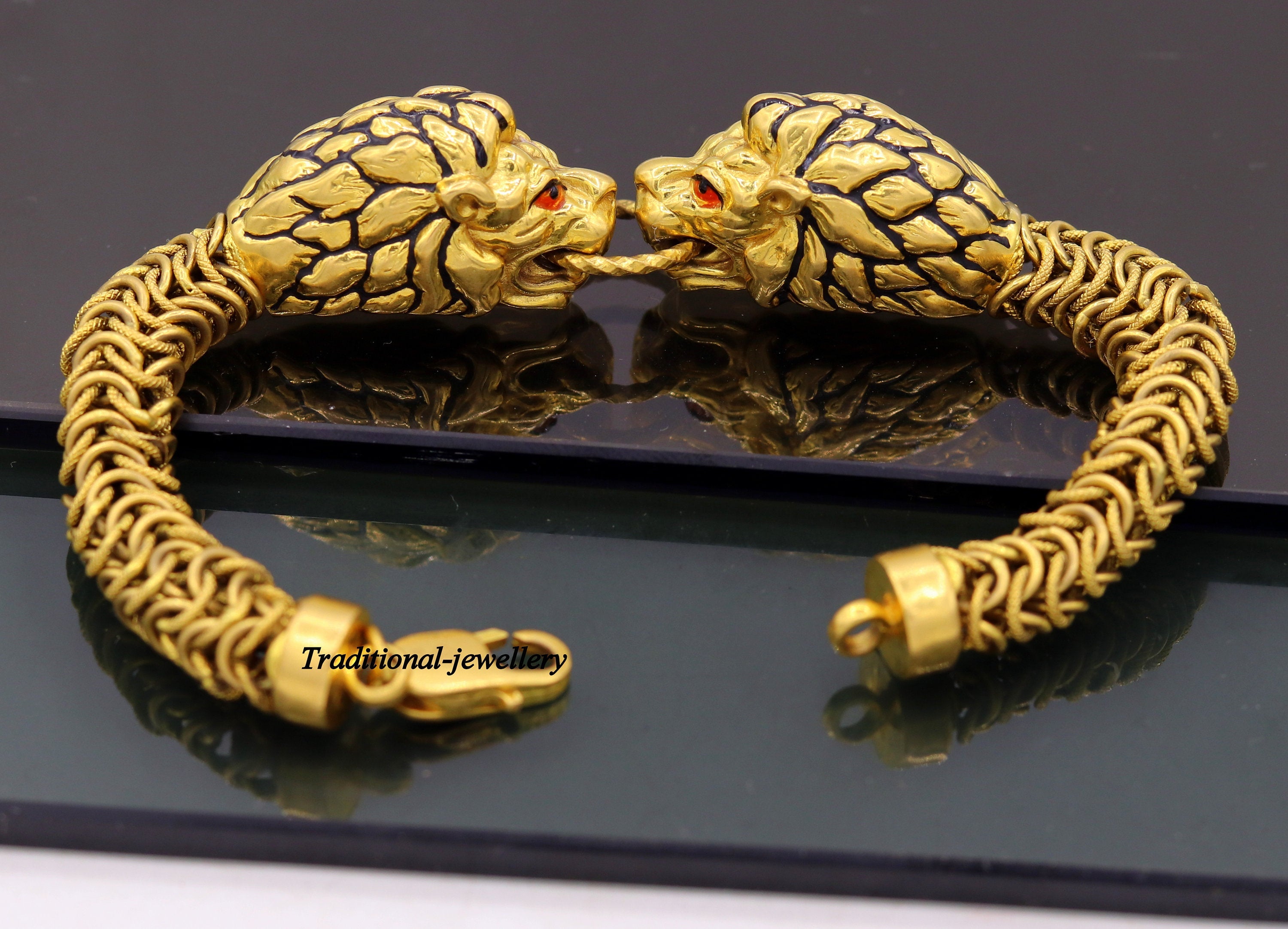 Vintage antique stylish handmade lion bracelet in solid hallmarked 22kt  yellow gold mens bracelet lion face daily use jewelry  TRIBAL ORNAMENTS
