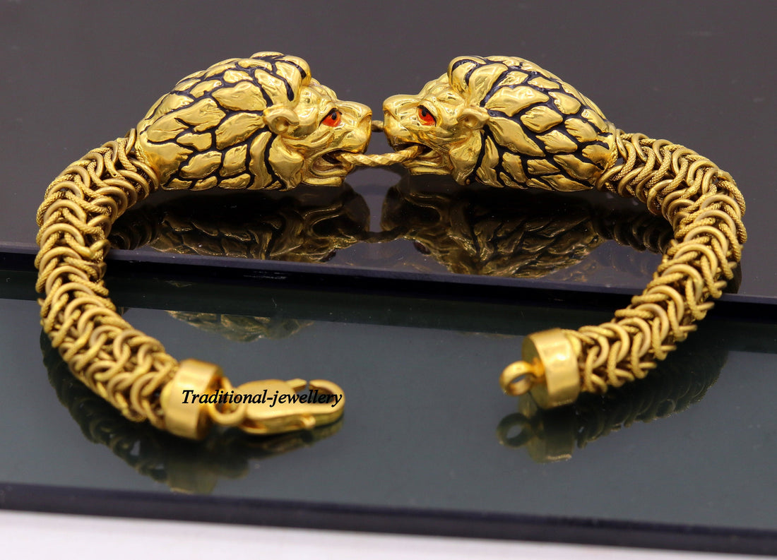 Vintage antique stylish handmade lion bracelet in solid hallmarked 22kt yellow gold men's bracelet lion face daily use jewelry - TRIBAL ORNAMENTS