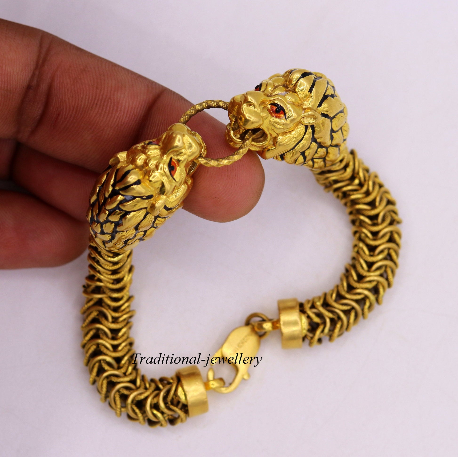 Vintage antique stylish handmade lion bracelet in solid hallmarked 22kt yellow gold men's bracelet lion face daily use jewelry - TRIBAL ORNAMENTS