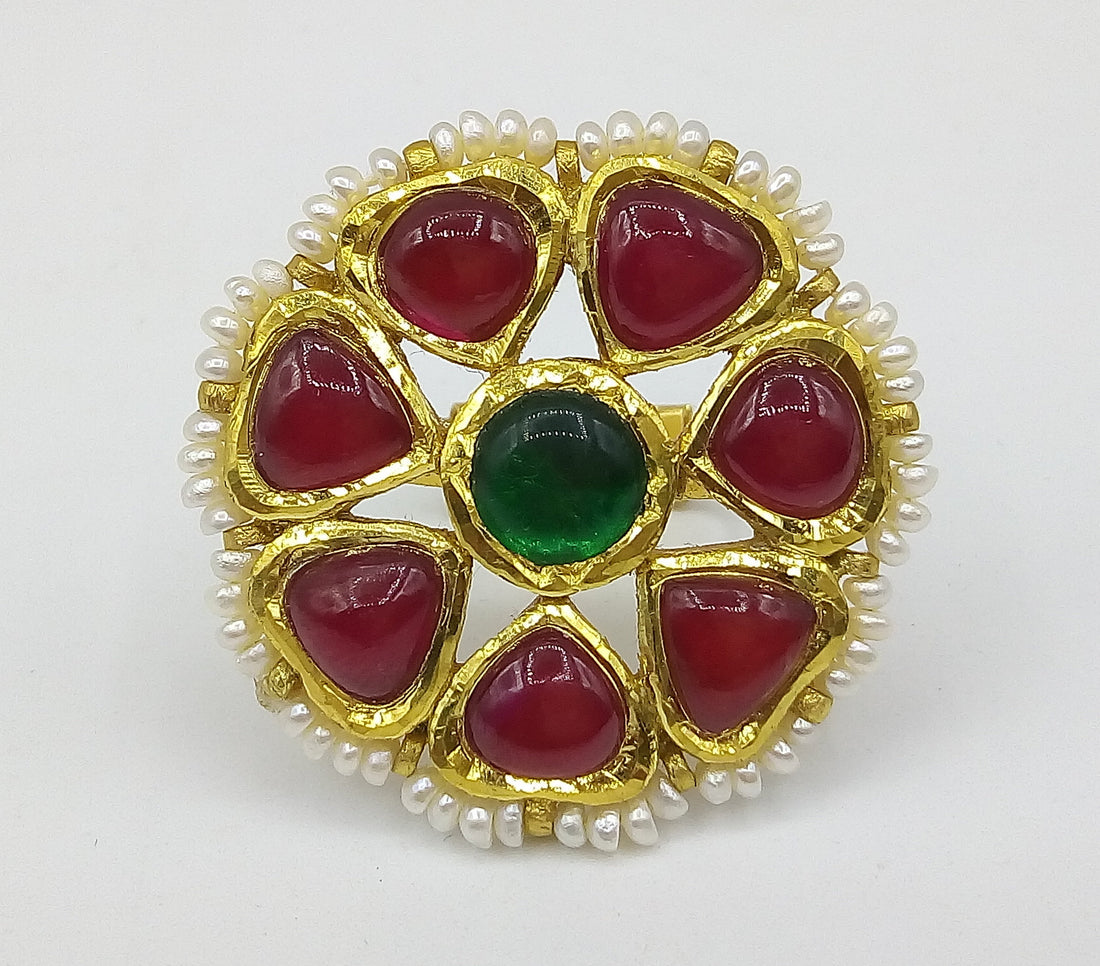 Vintage antique 22k yellow gold handmade kundan jadau ring with fabulous color stone indian wedding jewelry - TRIBAL ORNAMENTS