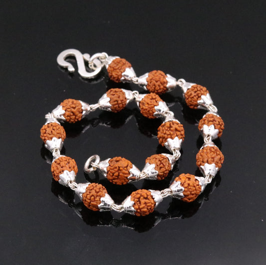 Vintage 925 sterling silver natural rudraksha beads bracelet fabulous wrist jewelry for unisex from india sbr16 - TRIBAL ORNAMENTS