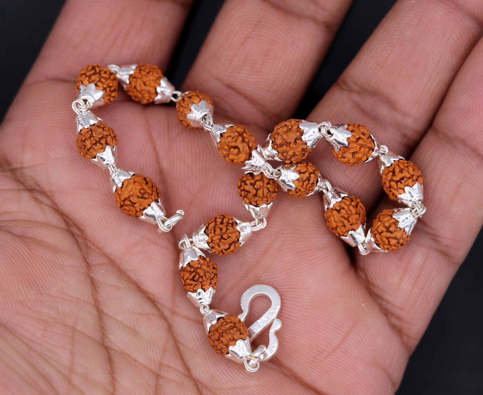 Vintage 925 sterling silver natural rudraksha beads bracelet fabulous wrist jewelry for unisex from india sbr16 - TRIBAL ORNAMENTS