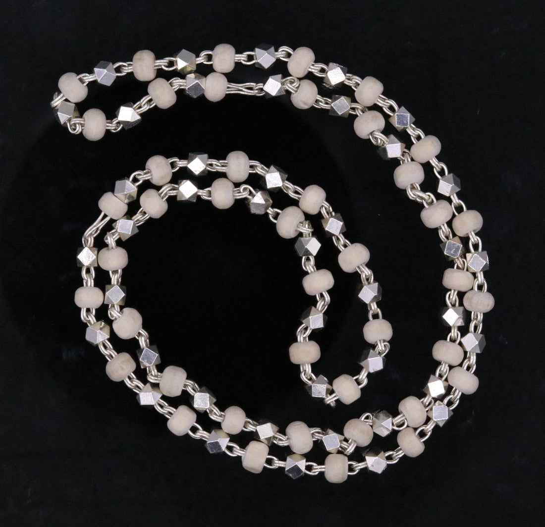 925 Silver handcrafted Basil rosary beads with silverbeads necklace chain tulsi mala use in Ayurveda for feel protected and focused ch19 - TRIBAL ORNAMENTS