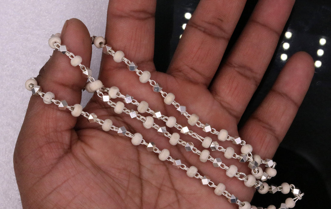 925 Silver handcrafted Basil rosary beads with silverbeads necklace chain tulsi mala use in Ayurveda for feel protected and focused ch19 - TRIBAL ORNAMENTS