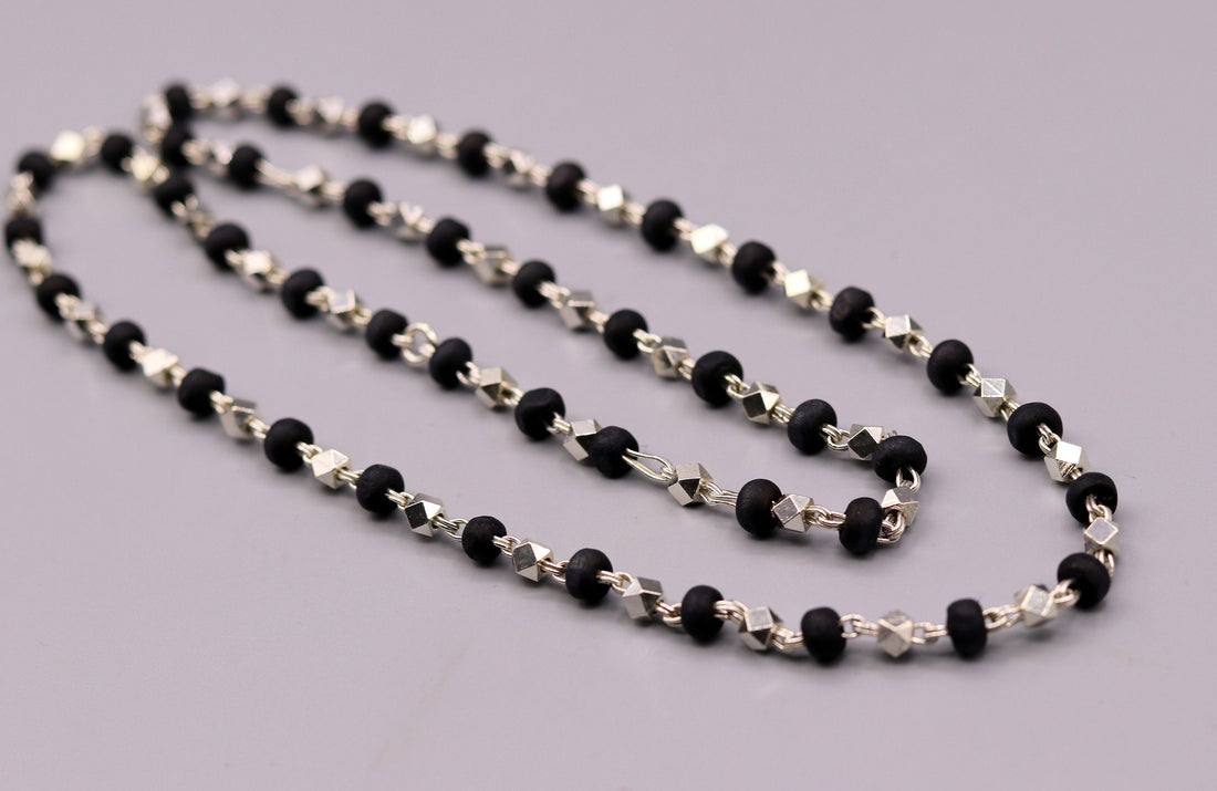 925 Silver handcrafted Black Basil rosary beads with silver beads necklace chain tulsi mala use in Ayurveda feel protected and focused ch20 - TRIBAL ORNAMENTS