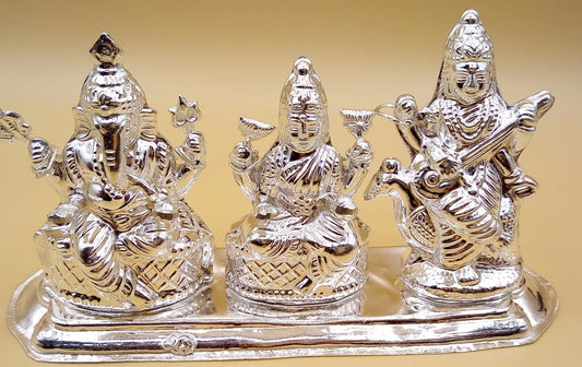 Indian idol Ganesha, goddess Laxmi and Sarswati combined statue vintage handmade silver figurine home temple prayers art - TRIBAL ORNAMENTS