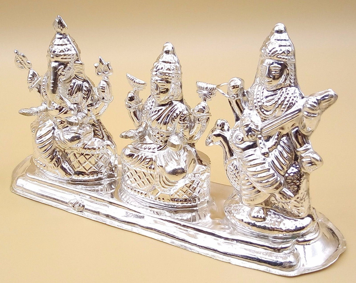 Indian idol Ganesha, goddess Laxmi and Sarswati combined statue vintage handmade silver figurine home temple prayers art - TRIBAL ORNAMENTS