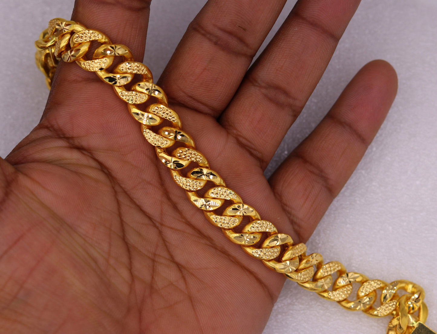 22k yellow gold solid link chain bracelet with fabulous diamond cut design unique locking system men's heavy bracelet gifting jewelry - TRIBAL ORNAMENTS